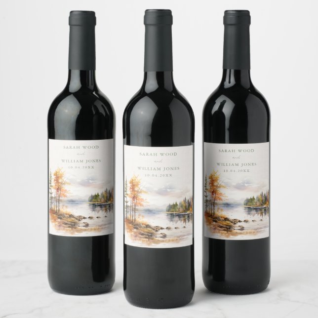 Rustic linen print with fall lake Wedding  Wine Label (Bottles)