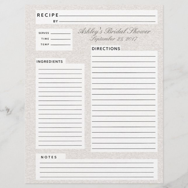 Rustic Linen Recipe Insert for Bridal Showers (Front)