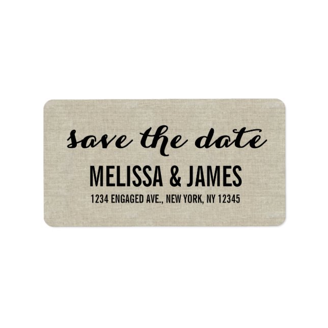 Rustic Linen Script Save the Date Label (Front)