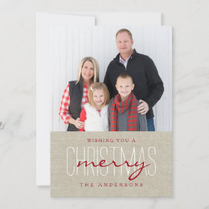 Rustic Linen Simple Merry Christmas Holiday Photo Card