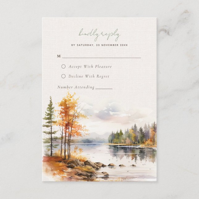 Rustic linen with fall lake Wedding RSVP Card (Front)