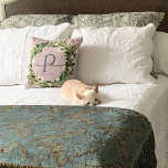 Rustic Linen Wreath Monogram Wedding Keepsake Throw Pillow<br><div class="desc">Personalized wedding keepsake. This elegant, rustic digital linen design pillow features a beige linen texture background with a beautiful watercolor greenery and cotton boll wreath that frame the classic dark grey monogram initial. The couple's first names are written over the monogram initial in a beautiful calligraphy script, with the wedding...</div>
