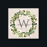 Rustic Linen Wreath Monogram Wedding Keepske Canvas Print<br><div class="desc">Personalized wedding keepsake. This elegant, rustic digital linen design canvas wrap wall art features a beige linen texture background with a beautiful watercolor foliage and cotton boll wreath that frame the classic dark grey monogram initial. The couple's first names are written over the monogram initial in a beautiful calligraphy script,...</div>