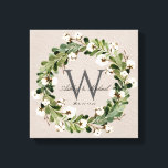 Rustic Linen Wreath Monogram Wedding Keepske Canvas Print<br><div class="desc">Personalized wedding keepsake. This elegant, rustic digital linen design canvas wrap wall art features a beige linen texture background with a beautiful watercolor foliage and cotton boll wreath that frame the classic dark grey monogram initial. The couple's first names are written over the monogram initial in a beautiful calligraphy script,...</div>