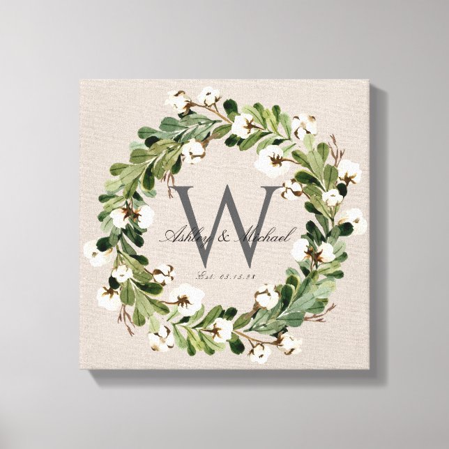 Rustic Linen Wreath Monogram Wedding Keepske Canvas Print (Front)