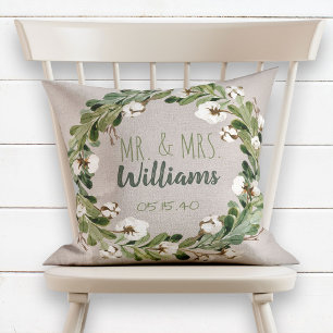 Rustic Linen Wreath Mr & Mrs Wedding Keepsake Throw Pillow