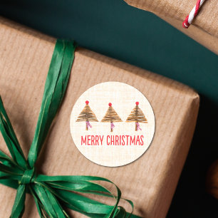 Rustic Linen Xmas Trees – Cozy Scandinavian Classic Round Sticker