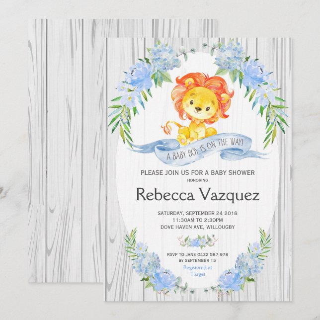 Rustic Lion Blue Floral Baby Shower Invitations (Front/Back)