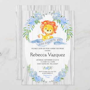Rustic Lion Blue Floral Baby Shower Invitations