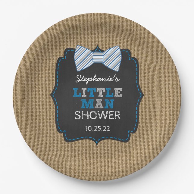 Rustic little man bow tie baby shower decor paper plate (Front)