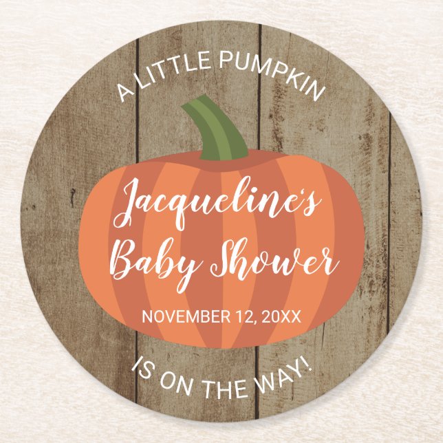 Rustic Little Pumpkin On The Way Fall Baby Shower Round Paper Coaster (Front)