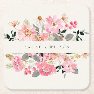 Rustic Lively Blush Pink Watercolor Floral Wedding Square Paper Coaster