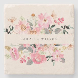 Rustic Lively Blush Pink Watercolor Floral Wedding Stone Coaster