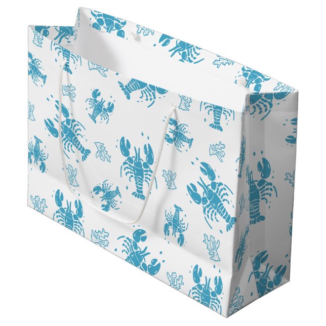 Rustic Lobster Nautical Block Print Pattern Large Gift Bag (Front Angled)