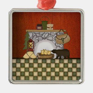 Rustic Lodge Country Cabin Christmas with Bear Metal Ornament