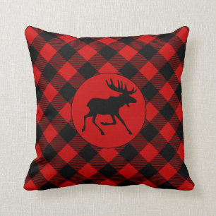 Rustic Lodge Moose and Buffalo Plaid Pattern Throw Pillow