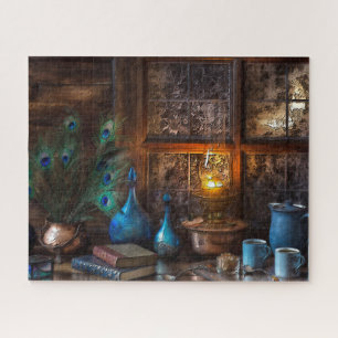 Rustic log Cabin by lamplight scene Jigsaw Puzzle