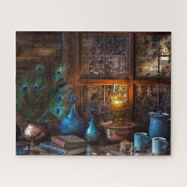 Rustic log Cabin by lamplight scene Jigsaw Puzzle (Horizontal)