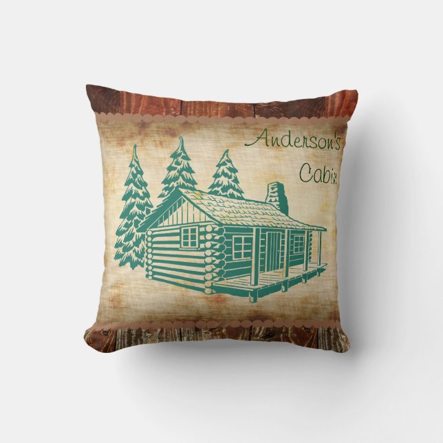 Rustic Log Cabin Custom Name Pillow (Front)