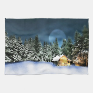 Rustic Log Cabin Full Moon Kitchen Towel