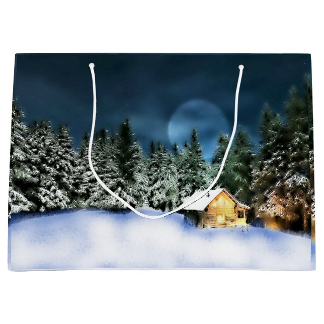 Rustic Log Cabin Full Moon Large Gift Bag (Front)