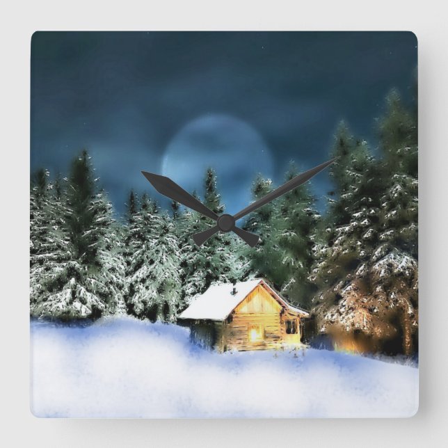Rustic Log Cabin Full Moon Square Wall Clock (Front)