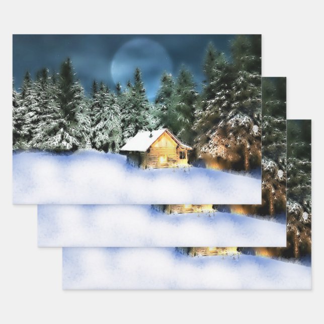 Rustic Log Cabin Full Moon Wrapping Paper Sheet (Set)