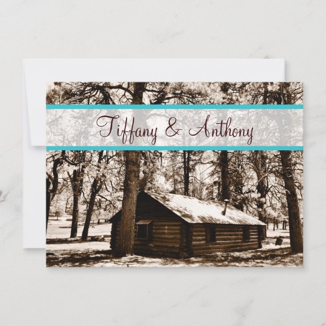 Rustic Log Cabin in Woods Teal Wedding Invitations (Front)
