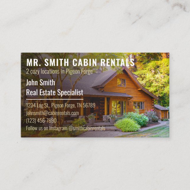 Rustic Log Cabin Rental Photo Business Card (Front)