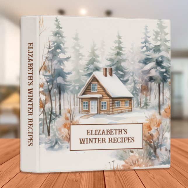 Rustic Log Cabin Snow Winter Recipes Cookbook Binder (Cabin in the snowy woods custom recipe/cookbook binder)