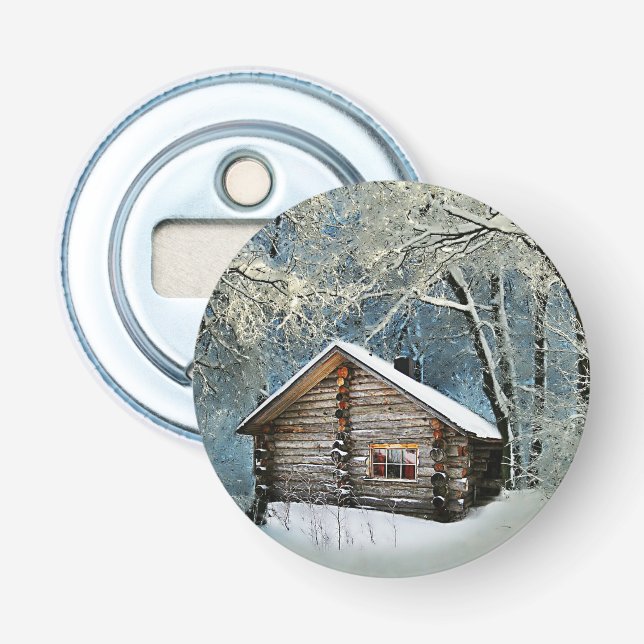 Rustic Log Cabin Winter Magic Bottle Opener (Front)