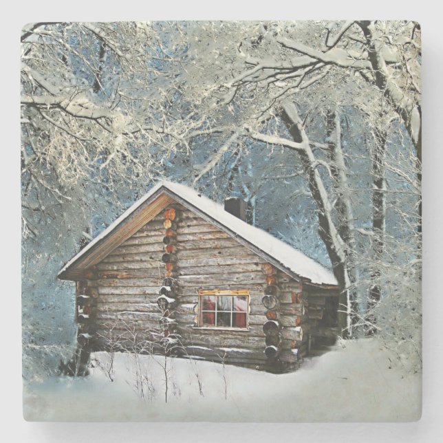 Rustic Log Cabin Winter Magic Stone Coaster (Front)