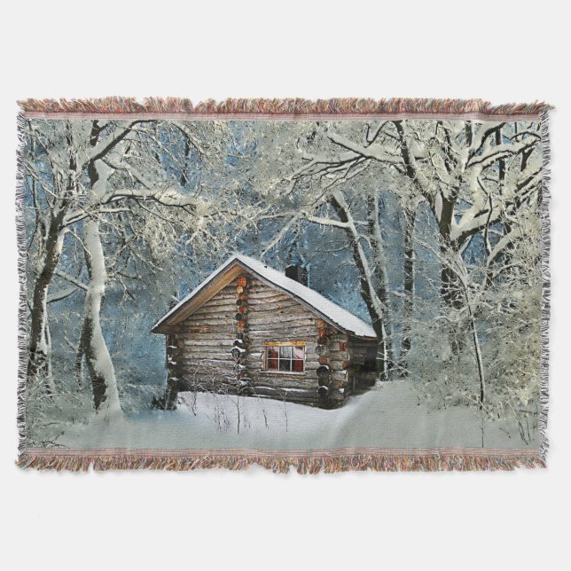 Rustic Log Cabin Winter Magic Throw Blanket (Front)
