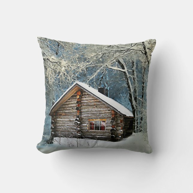 Rustic Log Cabin Winter Magic Throw Pillow (Front)