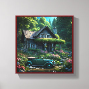 Rustic Log Cabin with Flowers and Foliage Canvas Print