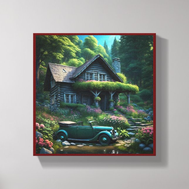 Rustic Log Cabin with Flowers and Foliage Canvas Print (Front)