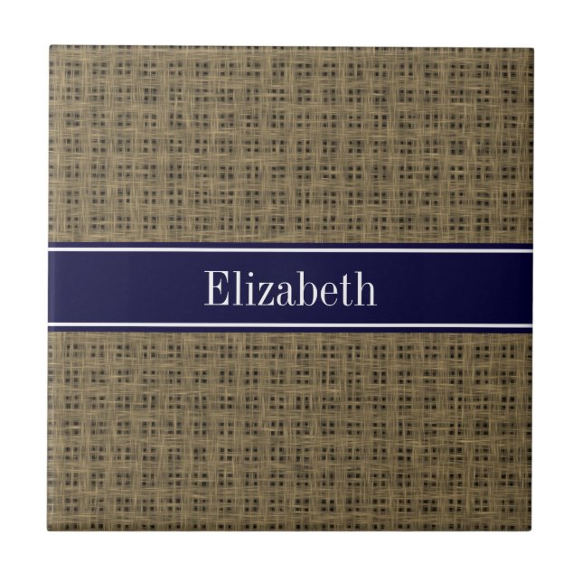 Rustic Look Burlap #2 Navy Blue Name Monogram Tile (Front)