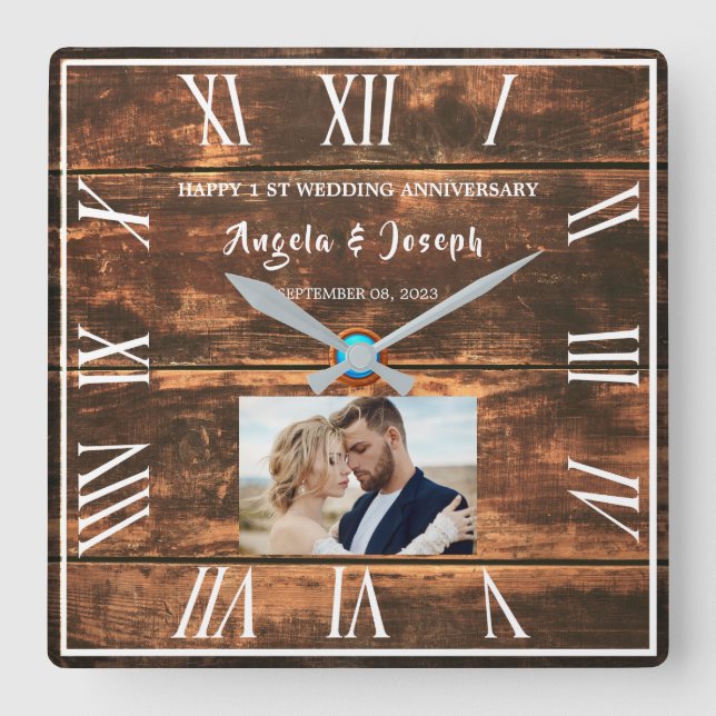 Rustic Love – 1st Anniversary Square Wall Clock (Front)