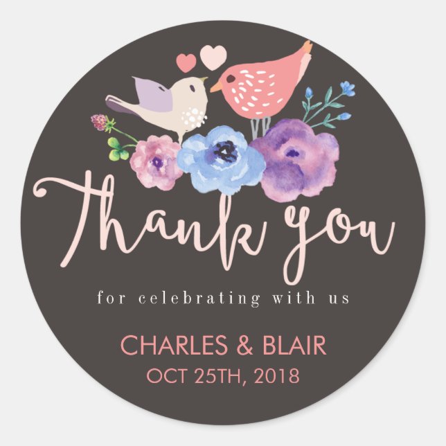 Rustic Love Bird Flower Thank You Wedding Sticker (Front)