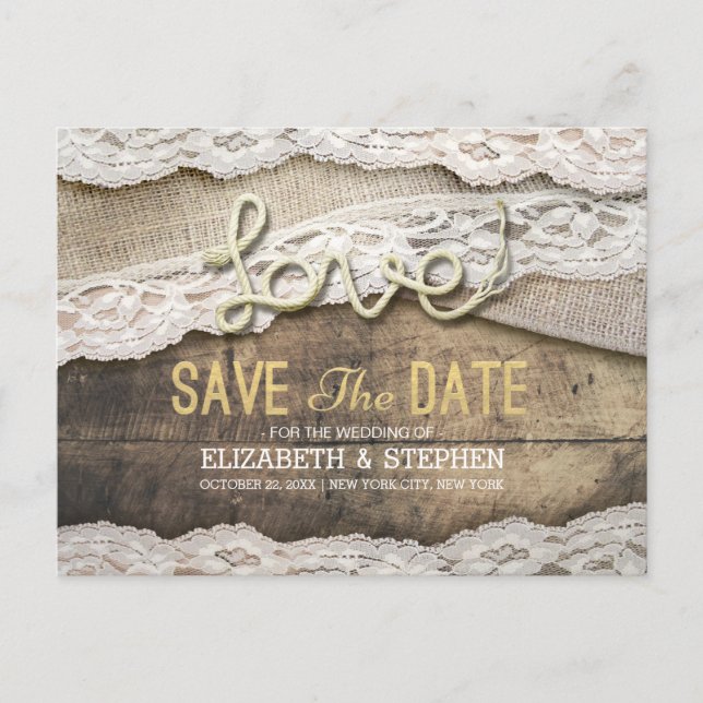 Rustic Love Rope Burlap Lace Wedding Save The Date Announcement Postcard (Front)