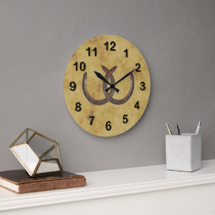 Rustic Lucky Horseshoes Distressed Background Large Clock