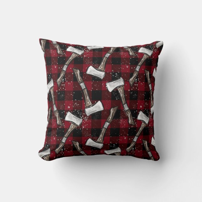 Rustic Lumberjack Axes on Buffalo Plaid Throw Pillow (Front)