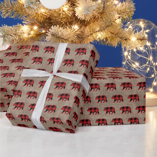 rustic lumberjack bear faux burlap Christmas Wrapping Paper (Holidays)