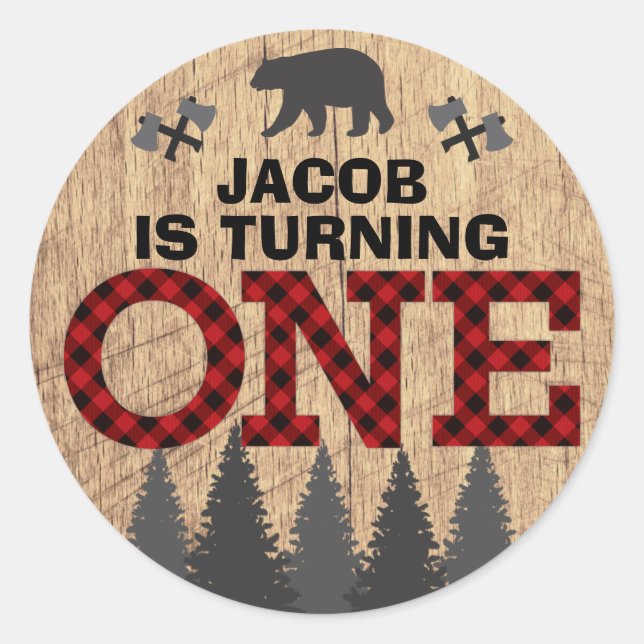 Rustic Lumberjack Buffalo Plaid First Birthday Classic Round Sticker (Front)