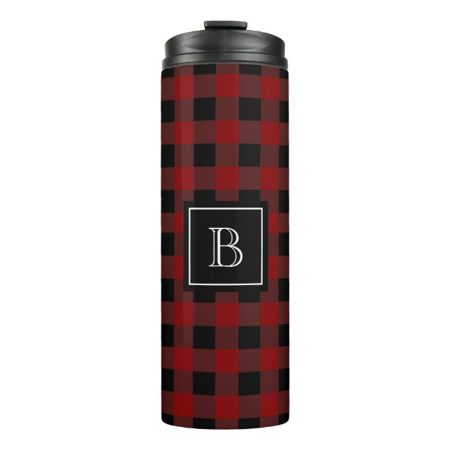 Rustic Lumberjack Buffalo Plaid Monogram Initial Thermal Tumbler (Front)