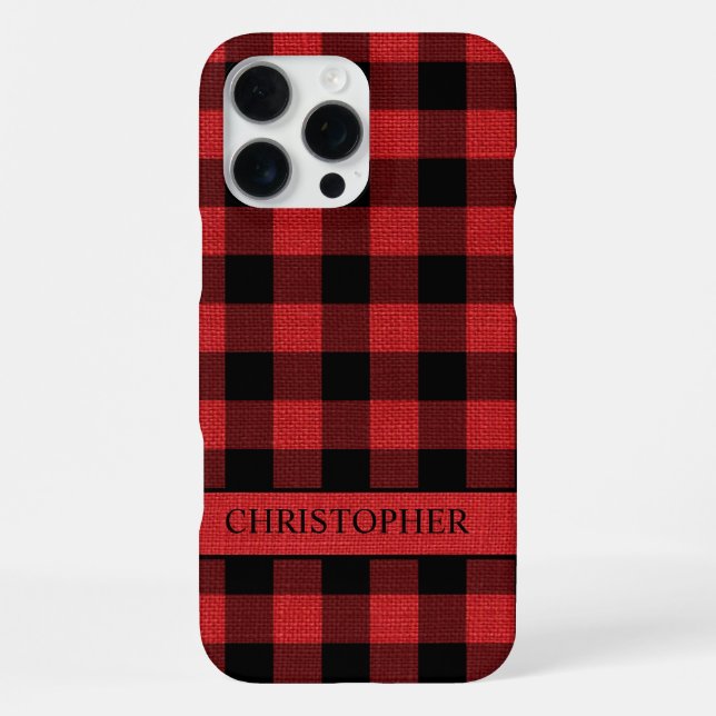 Rustic Lumberjack Red Black Buffalo Plaid Name iPhone Case (Back)