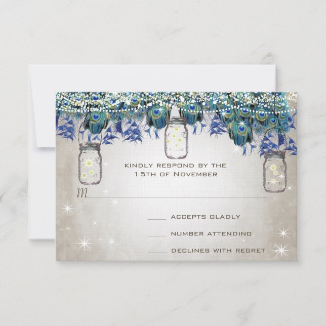 Rustic Luxe Mason Jar Navy Turquoise Peacock RSVP Card (Front)