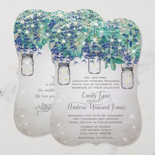 Rustic Luxe Navy and Turquoise Mason Jar Invitation (Front/Back)