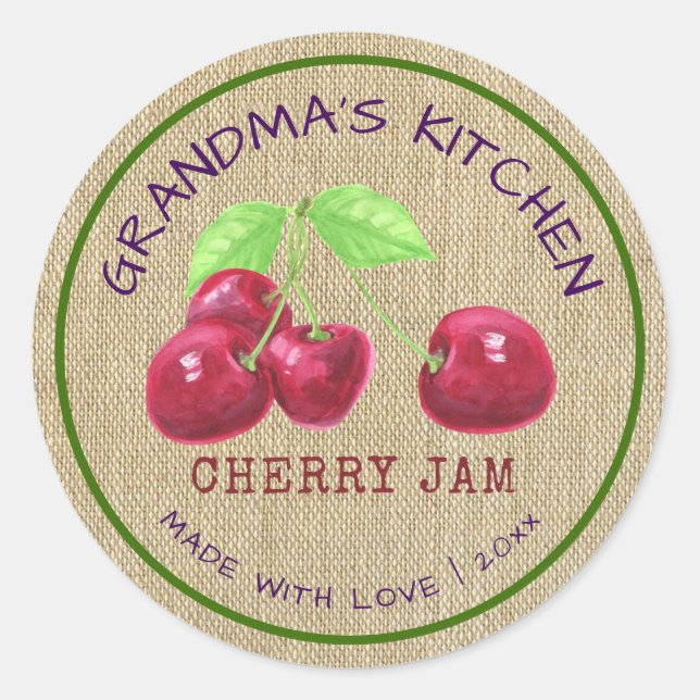 Rustic Made with Love Burlap Cherry Jam  Classic Round Sticker (Front)