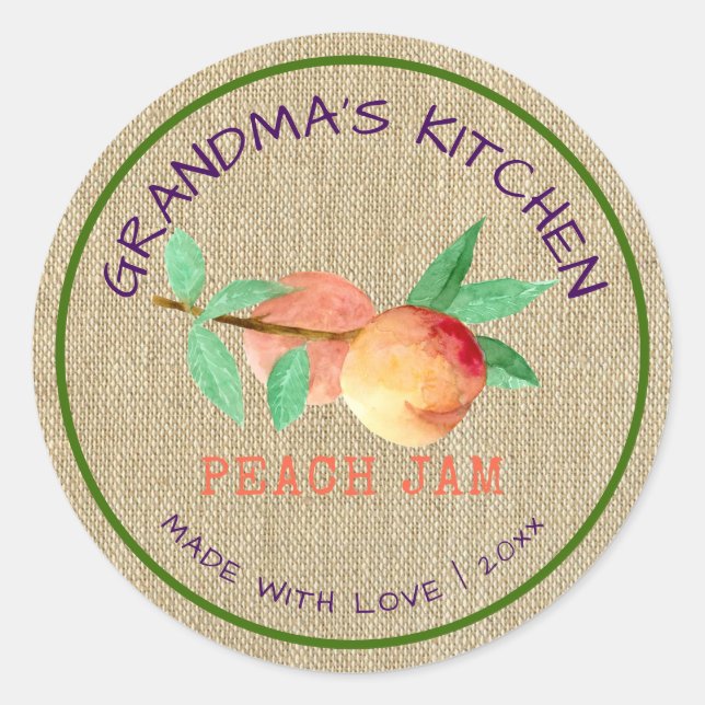 Rustic Made with Love Burlap Peach Jam  Classic Round Sticker (Front)